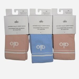 Alo Throwback Half-Crew Socks 3-Pair Unisex Medium Pink Blue Ribbed Logo New